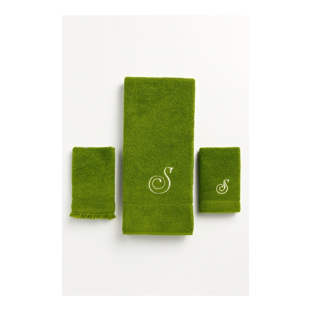Martex Luxor Cottage Vintage Green Monogram "S" Hand Towel Set Retro Boho Luxe